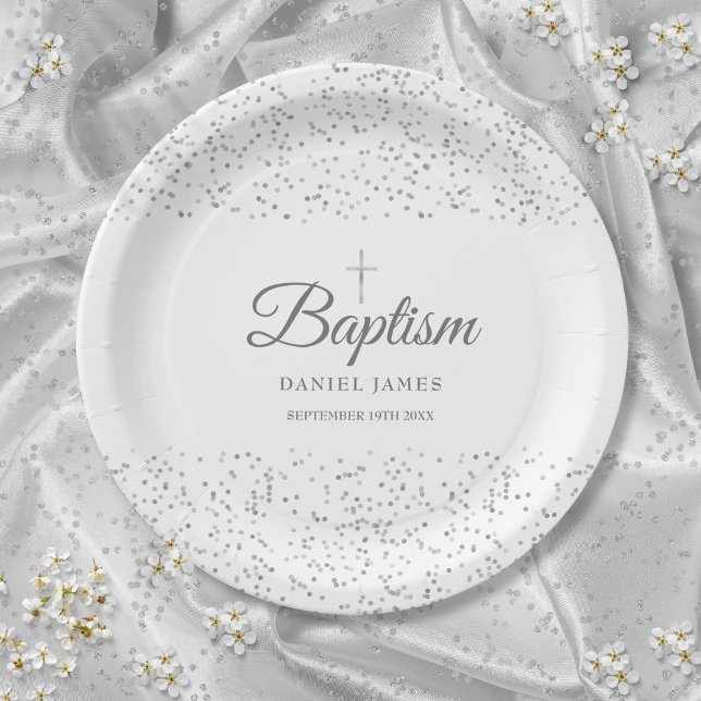 Assiettes En Carton Élégant Argent Stardust Baptism Christening (Elegant Silver Stardust Baptism Christening Paper Plates)