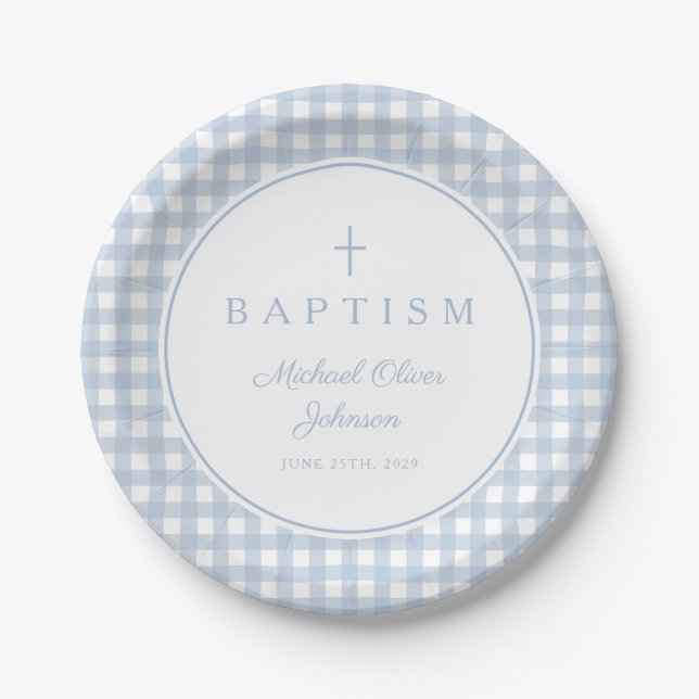 Assiettes En Carton Elegant Baby Blue Gingham Boy Baptism (Devant)