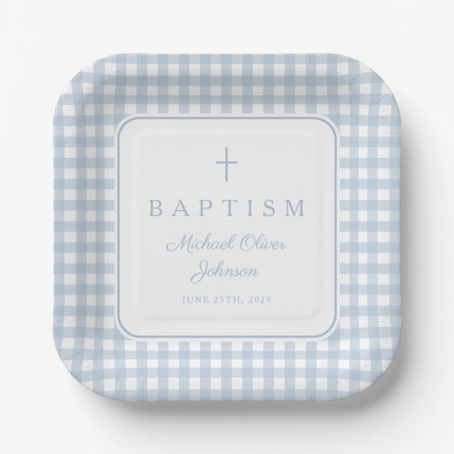 Assiettes En Carton Elegant Baby Blue Gingham Boy Baptism (Recto)