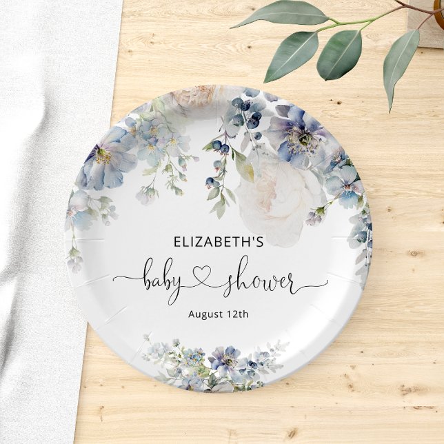 Assiettes En Carton Elégant Baby shower aux fleurs bleues (Créateur téléchargé)