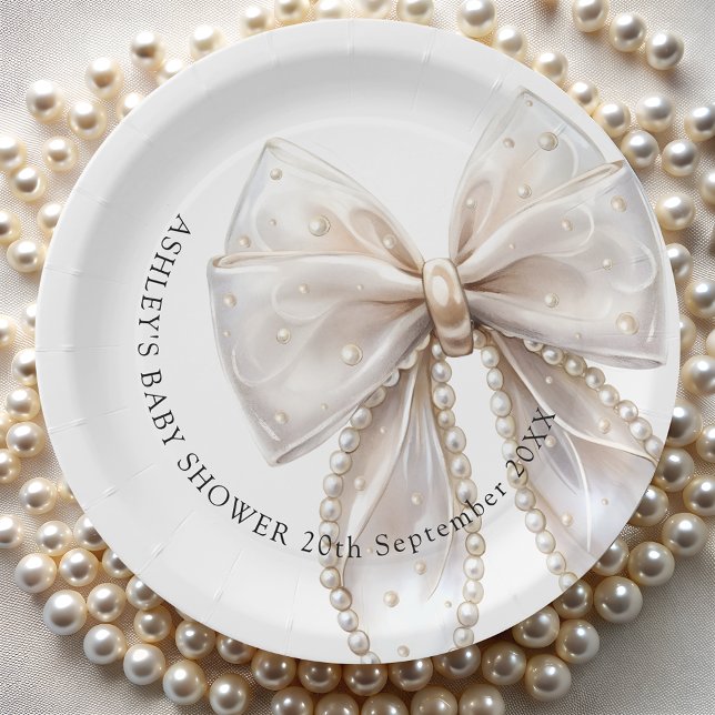 Assiettes En Carton Elégant Baby shower blanc Pearl Bow (Créateur téléchargé)