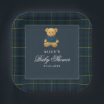 Assiettes En Carton Elégant Baby shower bleu de la marine de l'ours<br><div class="desc">Servez avec style nos Plaques de papier Baby shower Ours, conçues avec soin pour ajouter une touche de charme intemporel à votre célébration. Dotées d'une aquarelle illustrant un adorable ours en peluche dans une élégante tenue bleu marine, ces assiettes mêlent style préppy classique et douceur fantaisiste. Le motif écossais bleu...</div>