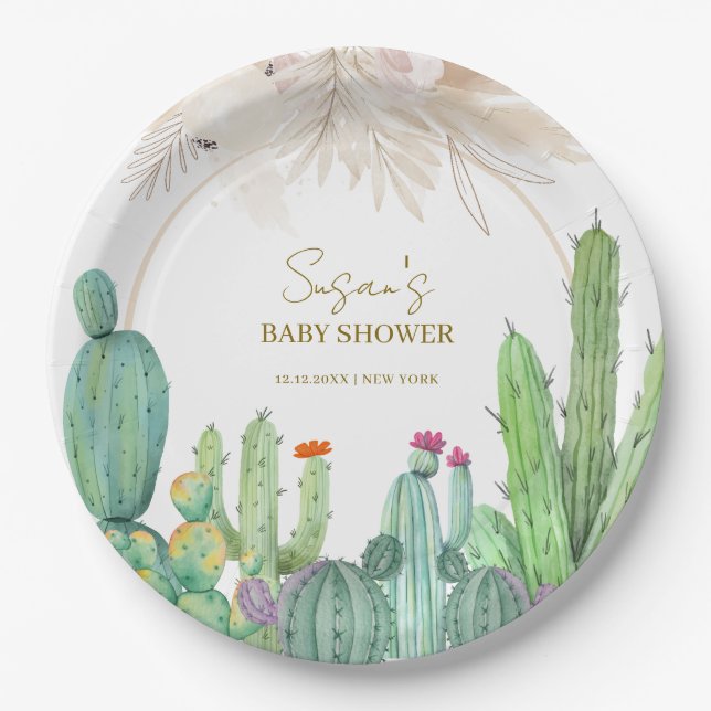 Assiettes En Carton Elégant Baby shower Boho Western Cactus Arch (Devant)
