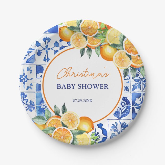 Assiettes En Carton Elégant Baby shower Citrus Blue Carreaux (Devant)