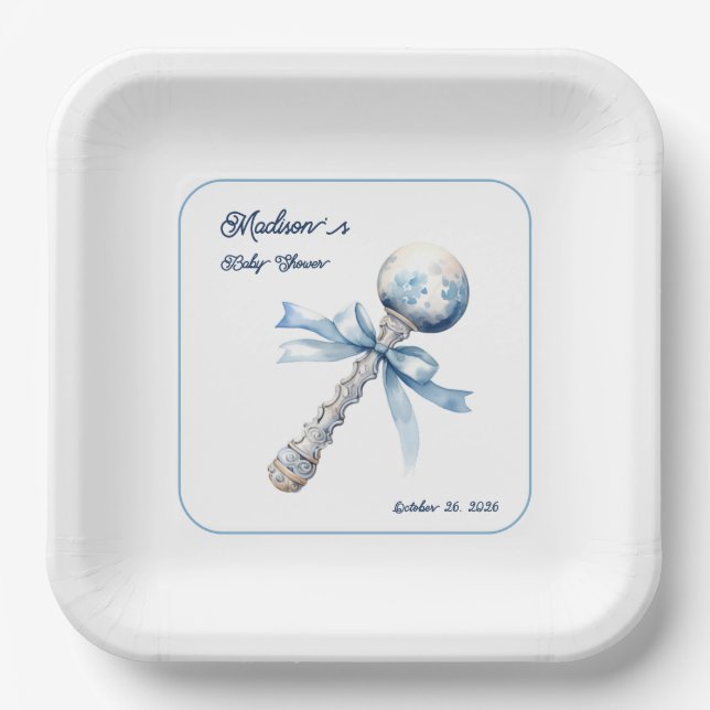 Assiettes En Carton Elégant Baby shower de Bow en Argent Bleu (Recto)
