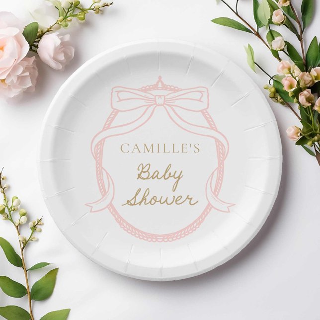 Assiettes En Carton Élégant Baby shower de fille de la cou rose (Pink Bow Minimal Baby Shower Paper Plates)