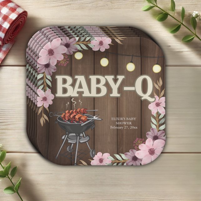 Assiettes En Carton Élégant Baby shower de grillades florales rustique (Créateur téléchargé)