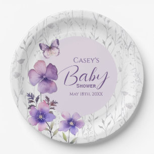 Assiettes En Carton Élégant Baby shower de papillon floral violet