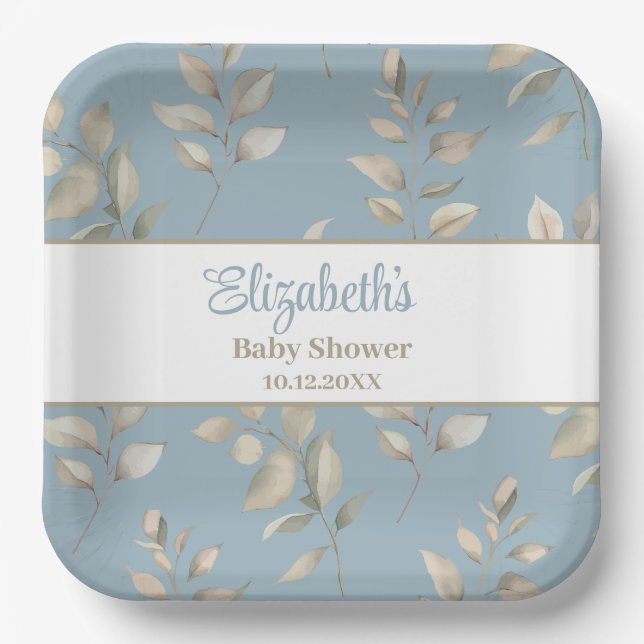 Assiettes En Carton Elégant Baby shower Feuille bleu et beige (Recto)
