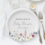 Assiettes En Carton Élégant Baby shower Fleur sauvage Meadow<br><div class="desc">Élégantes plaques de papier baby shower floral avec une bordure inférieure de fleurs sauvages d'aquarelle et feuillage dans les tons rose, jaune, violet, bleu et vert sur un arrière - plan blanc. Personnalisez les plaques de papier baby shower fleur sauvage avec le nom de la mère à être et la...</div>