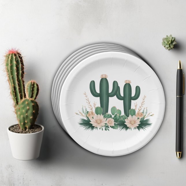 Assiettes En Carton Elégant Baby shower Floral Boho Moderne Cactus (Créateur téléchargé)