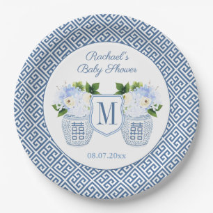 Assiettes En Carton Élégant Baby shower Floral De Monogramme Bleu Et B