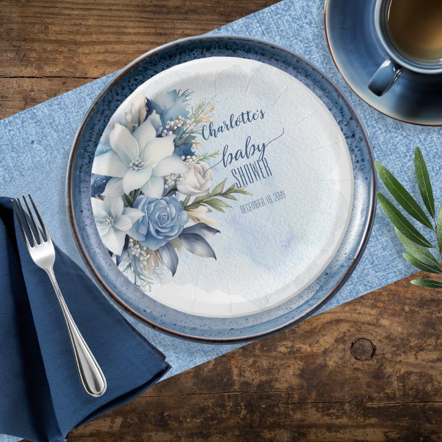 Assiettes En Carton Elégant Baby shower Floral d'hiver bleu (Elegant Blue Winter Floral Boy Baby Shower Paper Plates)