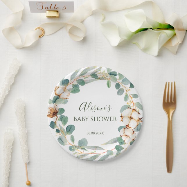 Assiettes En Carton Elégant Baby shower Floral Eucalyptus (Mariage)