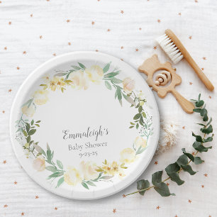 Assiettes En Carton Élégant Baby shower Floral Rose Blanche