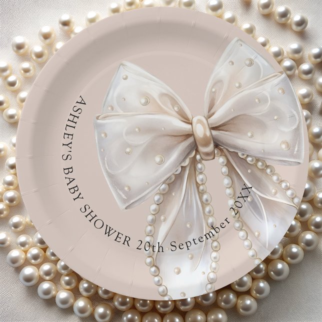 Assiettes En Carton Elégant Baby shower Pearl Bow (Créateur téléchargé)
