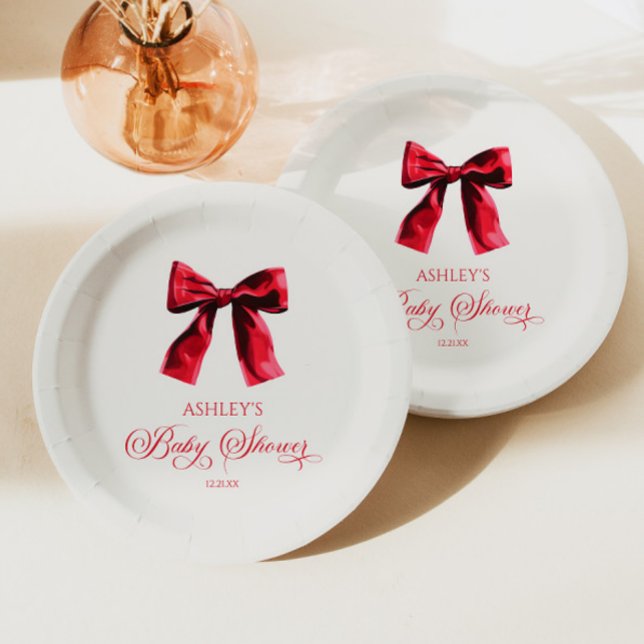 Assiettes En Carton Elégant Baby shower rouge coquette Bow (Créateur téléchargé)