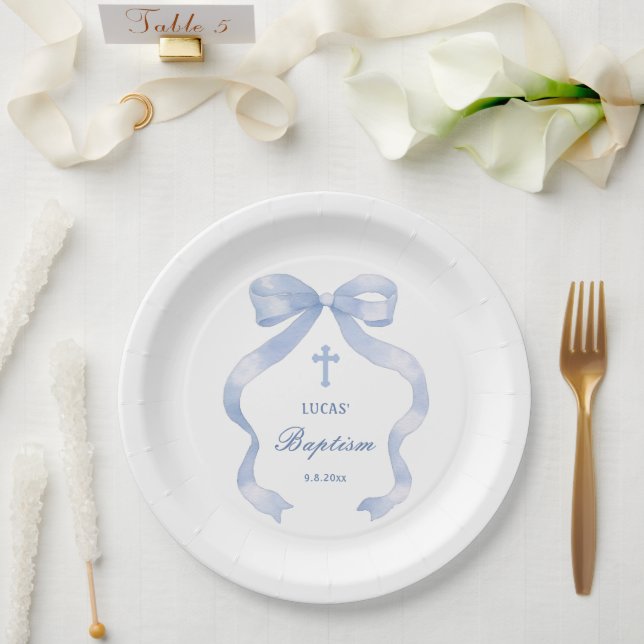 Assiettes En Carton Élégant Baptême Bleu Bow (Mariage)