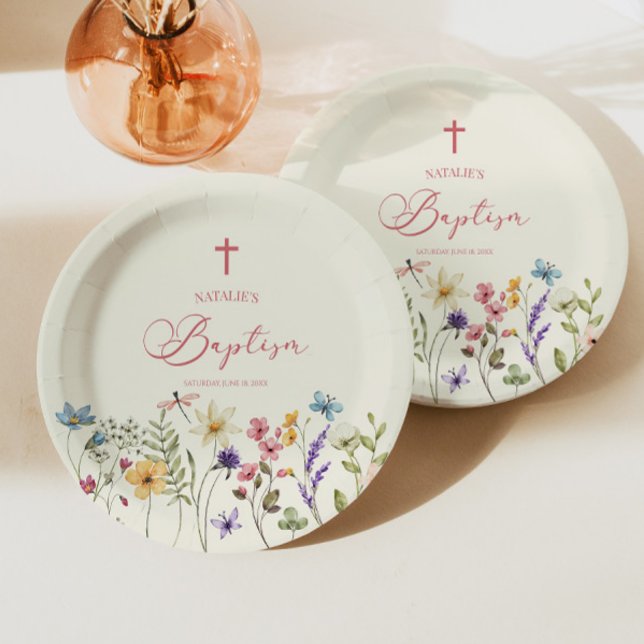 Assiettes En Carton Élégant Baptême Floral Fleur sauvage (Créateur téléchargé)