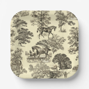 Assiettes En Carton Elégant Beige Rustique Horses Toile