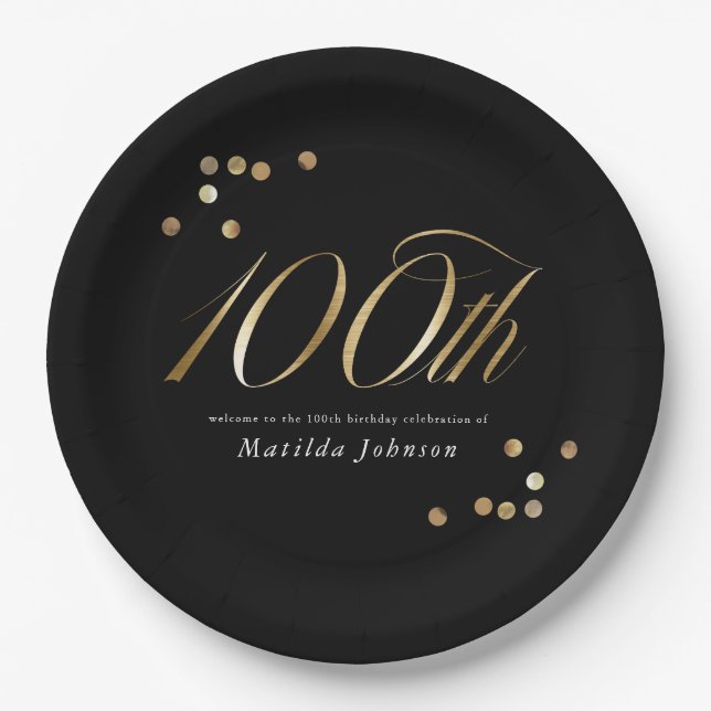 Assiettes En Carton Elegant Black and Gold 100th Birthday Party (Devant)