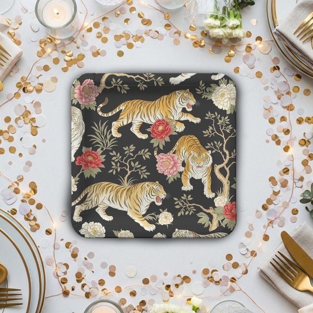 Assiettes En Carton Elegant Black Chinoiserie Tiger and Peony Pattern (Créateur téléchargé)