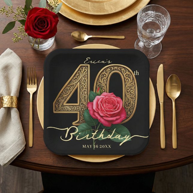 Assiettes En Carton Elegant Black Gold 40th Birthday Red Rose Floral (Créateur téléchargé)