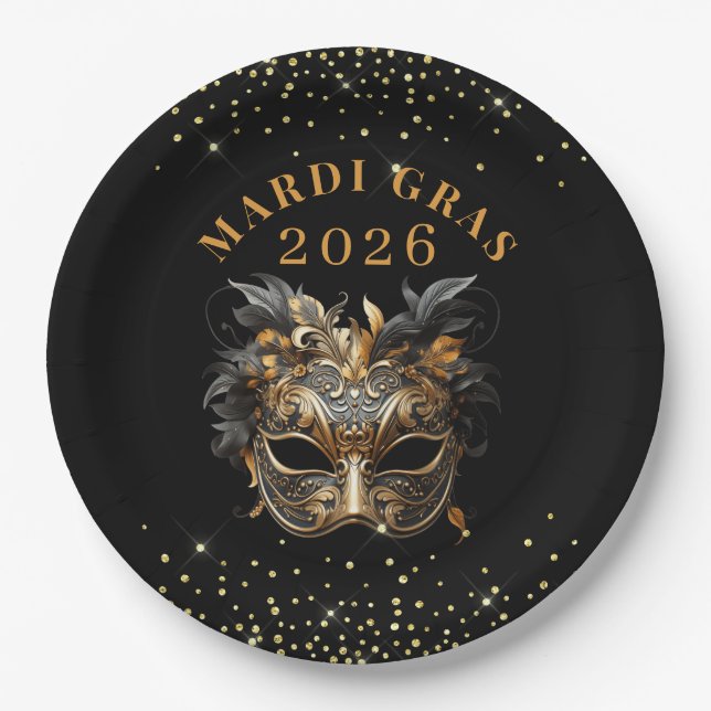 Assiettes En Carton Elegant Black Gold Glitter Mardi Gras 2026 (Devant)