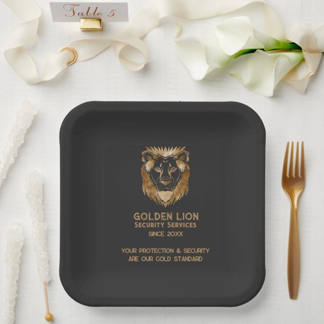 Assiettes En Carton Élégant Black Gold Lion Luxe Business Logo (Mariage)