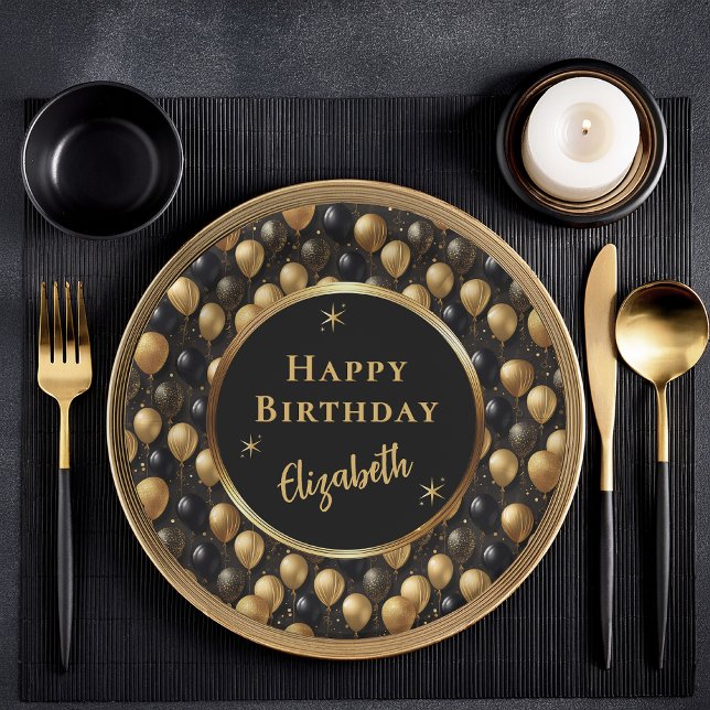 Assiettes En Carton Elégant Black Gold Parties scintillant Ballons Mot (Elegant Black and Gold Faux Glitter Balloons Pattern A021 "Happy Birthday" [Name] Paper Plates)