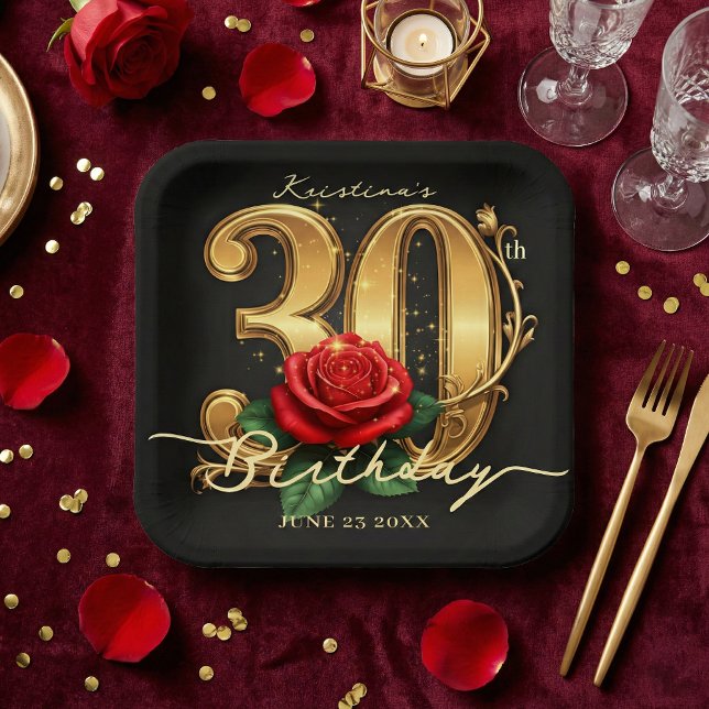 Assiettes En Carton Elegant Black Gold Red Rose Floral 30th Birthday (Créateur téléchargé)