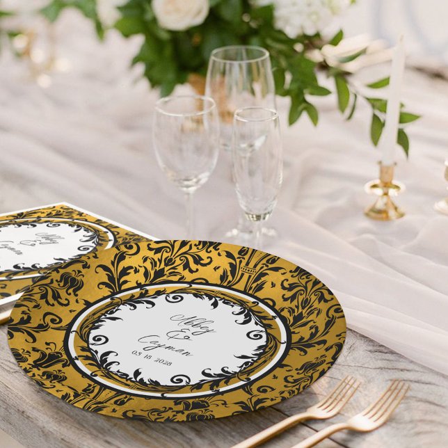 Assiettes En Carton Elégant Black White & Gold Mariage damassé (Créateur téléchargé)