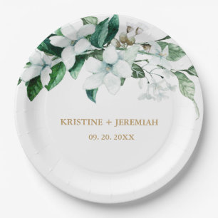 Assiettes En Carton Elégant blanc Aquarelle Floral Mariage