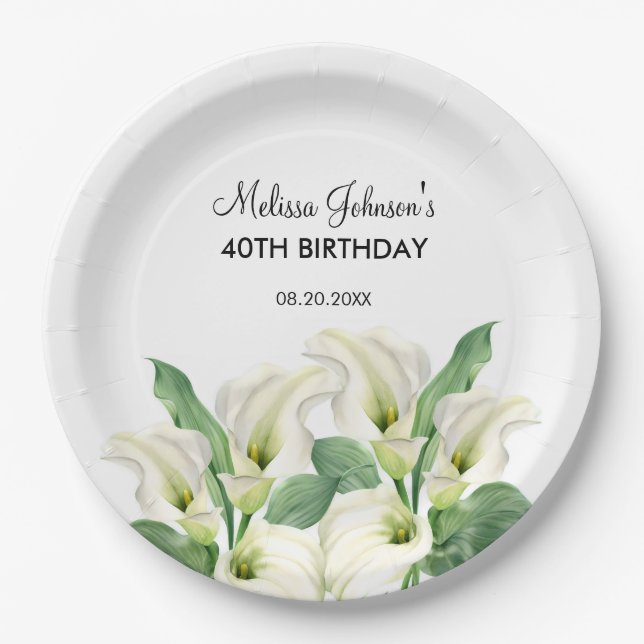 Assiettes En Carton Elégant Blanc Calla Lily Floral Anniversaire (Devant)