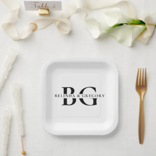 Assiettes En Carton Élégant blanc et noir Mariage des initiales de mon