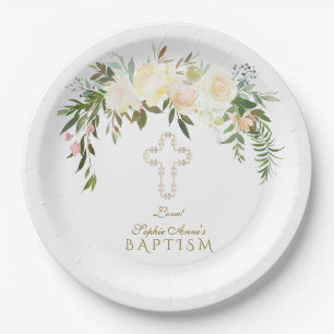 Assiettes En Carton Elégant blanc ivoire Aquarelle Baptême floral