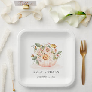 Assiettes En Carton Élégant blanc rose rose Citrouille Mariage floral