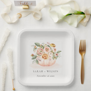 Assiettes En Carton Élégant blanc rose rose Citrouille Mariage floral