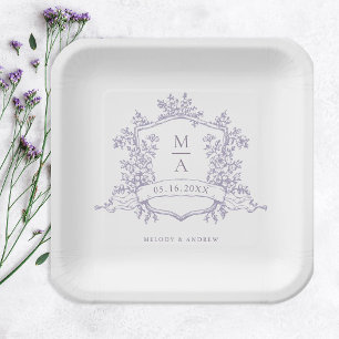 Assiettes En Carton Élégant Blason Floral de Lavande Monogramme Mariag
