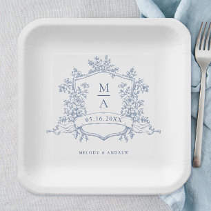 Assiettes En Carton Elégant bleu bleu floral Crest Mariage