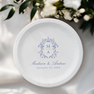 Assiettes En Carton Elégant bleu Chinoiserie Monogram Crest Mariage