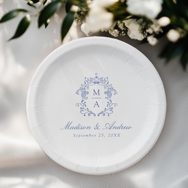 Assiettes En Carton Elégant bleu Chinoiserie Monogram Crest Mariage (Créateur téléchargé)