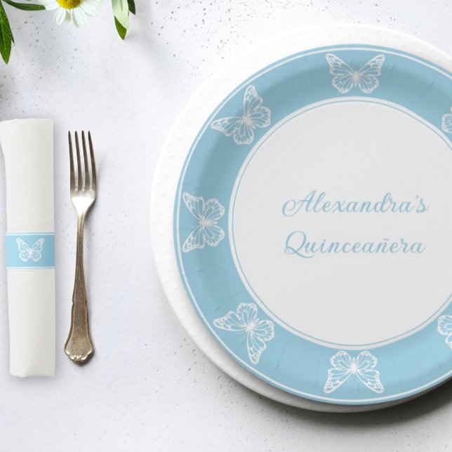 Assiettes En Carton Elégant bleu clair Quinceañera - Papillon Classy (Light blue quince decor - Disposable food plates)