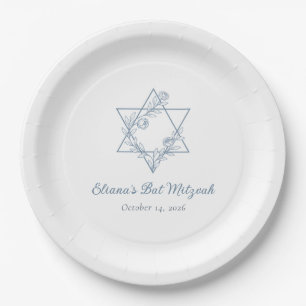Assiettes En Carton Elégant bleu floral juif Star Chic Bat mitzvah