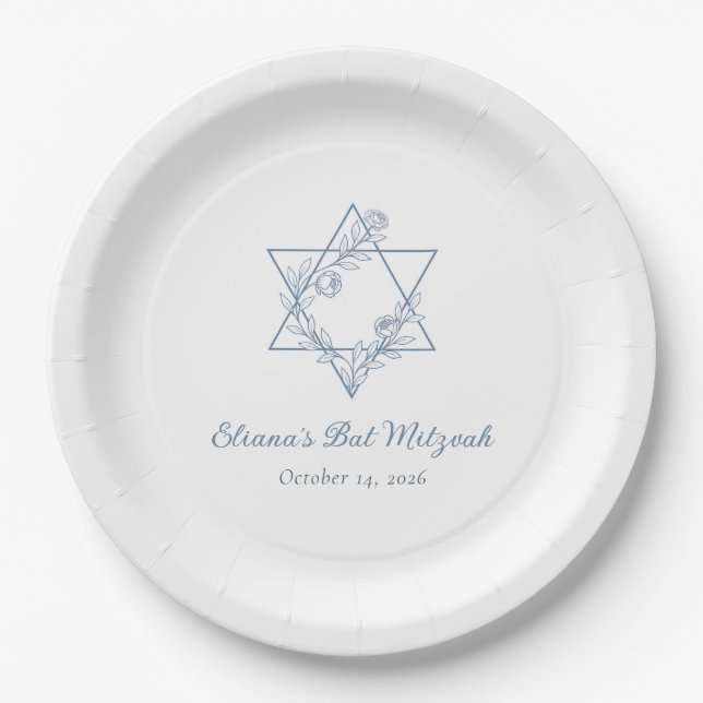 Assiettes En Carton Elégant bleu floral juif Star Chic Bat mitzvah (Devant)