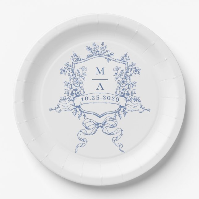 Assiettes En Carton Elégant bleu Mariage de fleurs de jardin (Devant)