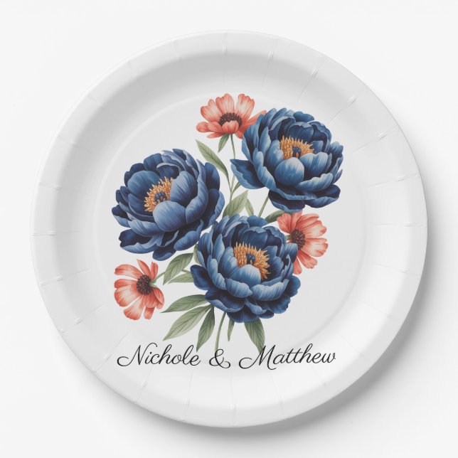 Assiettes En Carton Elegant Blue and Burnt Orange Floral Wedding (Devant)