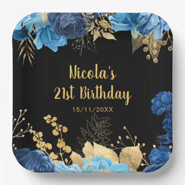 Assiettes En Carton Elegant Blue and Gold Flowers Birthday Party  (Recto)