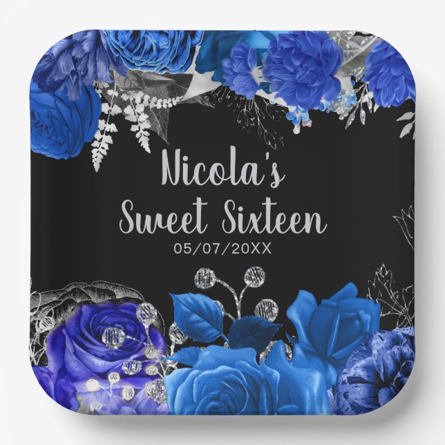 Assiettes En Carton Elegant Blue and Silver Flowers Sweet Sixteen (Recto)