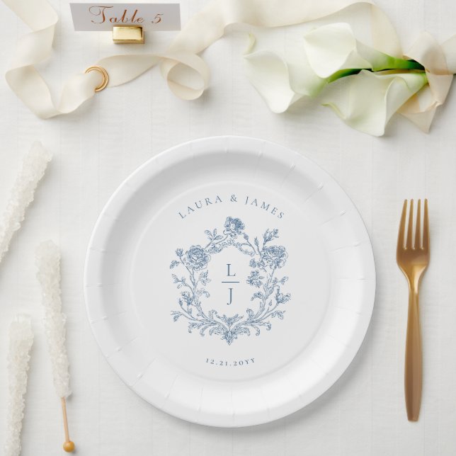 Assiettes En Carton Elegant Blue Floral Crest Monogram Wedding (Mariage)